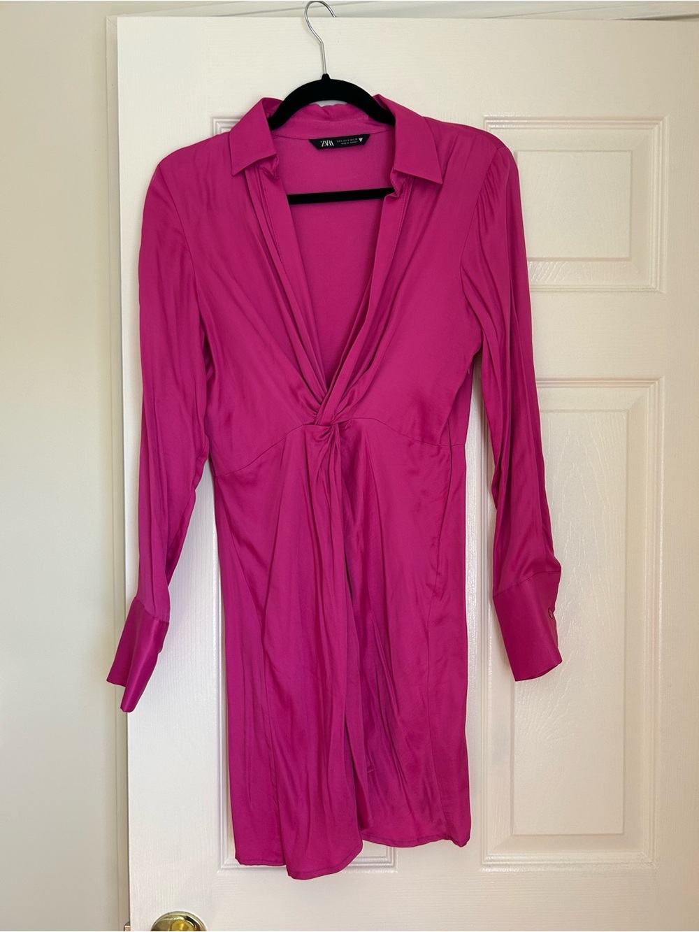 Zara Hot Pink Long-Sleeve Twist Front Dress